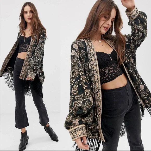 Free People Kaelin Embroidered Floral Fringe Kimono Open Jacket Size M - Picture 2 of 15